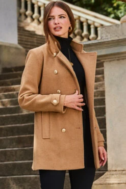 Camel Coat With Gold Button Detail -Opal & Oak Store web 2309 140 a23ow002bn0002 140 092