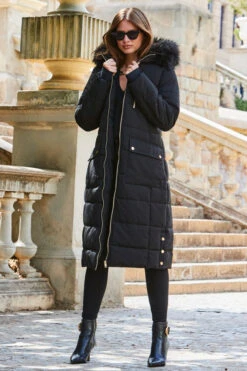Black Longline Padded Coat With Faux Fur Hood -Opal & Oak Store web 2309 141 a23ow021bk0001 141 036