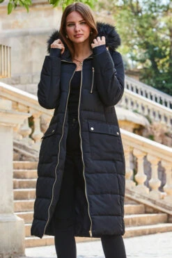 Black Longline Padded Coat With Faux Fur Hood -Opal & Oak Store web 2309 141 a23ow021bk0001 141 177
