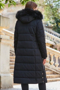 Black Longline Padded Coat With Faux Fur Hood -Opal & Oak Store web 2309 141 a23ow021bk0001 141 232