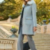 Light Grey Button Detail Coat With Faux Fur Collar