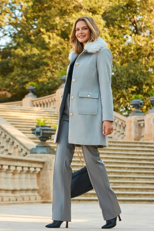 Light Grey Button Detail Coat With Faux Fur Collar 1 Light Grey Button Detail Coat With Faux Fur Collar