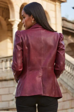 Red Leather Puff Sleeve Blazer -Opal & Oak Store web 2309 151 a23ol001rd0011 151 201 rt