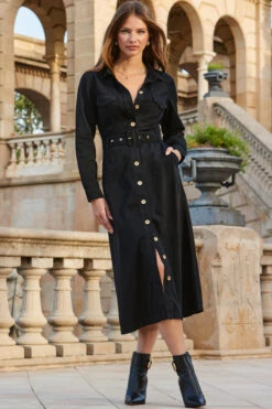 Black Denim Fit & Flare Midi Shirt Dress