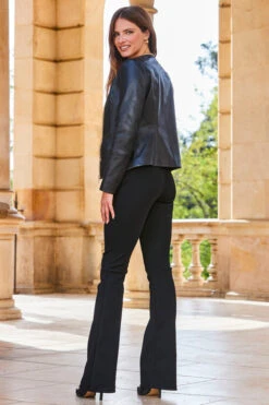 Black Round Neck Leather Jacket With Gold Chain Detail -Opal & Oak Store web 2309 170 a23ol003bk0001 s23bj001bk0001 170 298