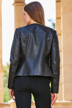 Black Round Neck Leather Jacket With Gold Chain Detail -Opal & Oak Store web 2309 170 a23ol003bk0001 s23bj001bk0001 170 303