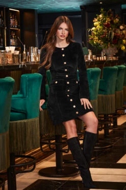 Black Velvet Fit & Flare Dress With Button Pocket Detail -Opal & Oak Store web 2309 180 a23dd012bk0001 180 005