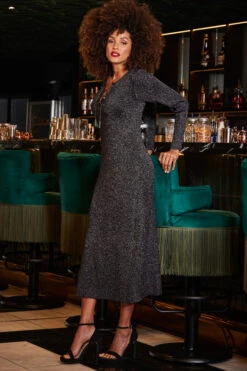 Pewter Metallic Chain Lace Up Detail Midi Dress -Opal & Oak Store web 2309 230 a23dk197mc0004 230 025