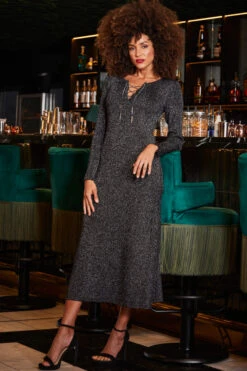 Pewter Metallic Chain Lace Up Detail Midi Dress -Opal & Oak Store web 2309 230 a23dk197mc0004 230 030