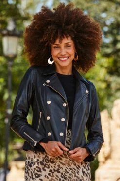 Black Leather Biker Jacket With Gold Button Detail