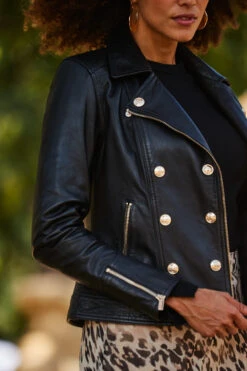 Black Leather Biker Jacket With Gold Button Detail -Opal & Oak Store web 2309 24 s23sw027bran01 a23ol002bk0001 a22tk530bk0001 24 437
