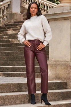 Wine Leather Straight Leg Trousers -Opal & Oak Store web 2309 252 a22bl020rd0011 203 1