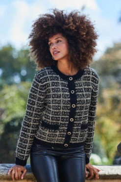 Black & Gold Metallic Fleck Premium Chic Cardigan -Opal & Oak Store web 2309 27 a23tk284bk0001 a22bl004bk0001 27 146