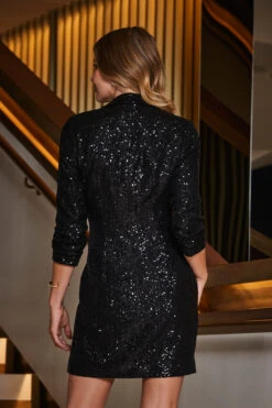 Black Sequin Ruched Sleeve Blazer Dress -Opal & Oak Store web 2309 29 a23dw053bk0001 29 072