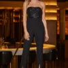 Black Sequin Top Tapered Leg Split Hem Jumpsuit