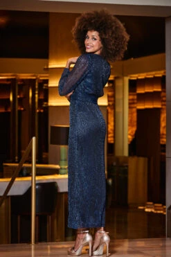 Sapphire Blue Sparkle Plisse Sheer Sleeve Maxi Dress -Opal & Oak Store web 2309 47 a23dj026be0025 47 141