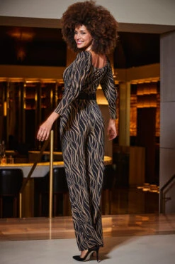 Brown & Black Geometric Print Wide Leg Jumpsuit With Belt -Opal & Oak Store web 2309 48 a23jj006bkcv01 48 121