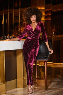 Burgundy Velvet Diamante Stud Faux Wrap Jumpsuit -Opal & Oak Store web 2309 58 a23jv002rd0004 58 071