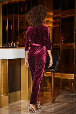 Burgundy Velvet Diamante Stud Faux Wrap Jumpsuit -Opal & Oak Store web 2309 58 a23jv002rd0004 58 076