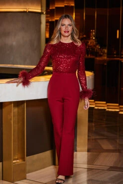 Ruby Red Sequin Two Part Feather Trim Kick Flare Jumpsuit -Opal & Oak Store web 2309 62 a23jw010rd0001 62 021