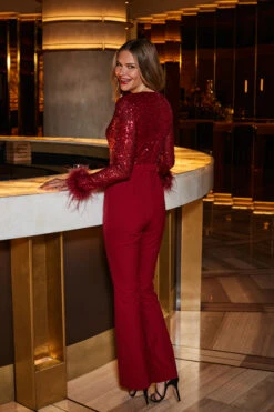 Ruby Red Sequin Two Part Feather Trim Kick Flare Jumpsuit -Opal & Oak Store web 2309 62 a23jw010rd0001 62 134