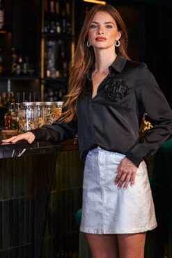 Black Luxe Satin Corsage Detail Shirt -Opal & Oak Store web 2309 68 a23sd008mc0005 a23tw054bk0001 68 002 1