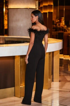Black Bardot Feather Trim Jumpsuit -Opal & Oak Store web 2309 73 a23jj001bk0001 73 121