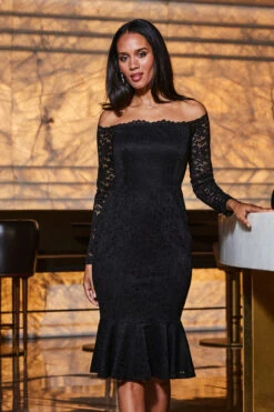 Black Lace Peplum Hem Bardot Dress -Opal & Oak Store web 2309 74 a23dj025bk0001 74 059 rt