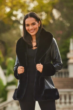 Black Faux Leather Coat With Faux Fur Trim -Opal & Oak Store web 2309 88 a23op007bk0001 a23bj002bk0001 a20tk001bk0001 88 058