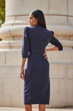 Navy Blue Pinstripe Belted Pencil Dress -Opal & Oak Store web 2309 89 a23dw070bl0001 89 116