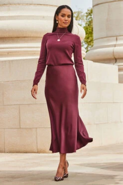 Burgundy Satin Midi Skirt