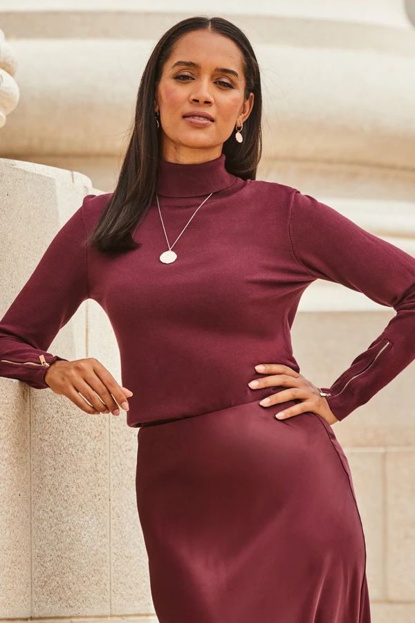 Wine Roll Neck Gold Zip Detail Jumper 2 Wine Roll Neck Gold Zip Detail Jumper - Image 2