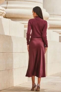 Burgundy Satin Midi Skirt -Opal & Oak Store web 2309 90 s23sw029rd0004 90 310