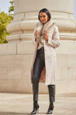 Oatmeal Faux Fur Shawl Collar Longline Coat -Opal & Oak Store web 2309 91 a23ow030bn0003 a22bl020bk0001 91 095