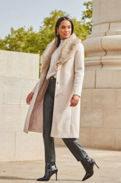 Oatmeal Faux Fur Shawl Collar Longline Coat -Opal & Oak Store web 2309 91 a23ow030bn0003 a22bl020bk0001 91 135