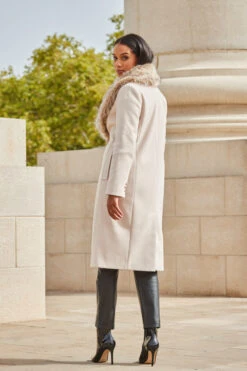 Oatmeal Faux Fur Shawl Collar Longline Coat -Opal & Oak Store web 2309 91 a23ow030bn0003 a22bl020bk0001 91 190