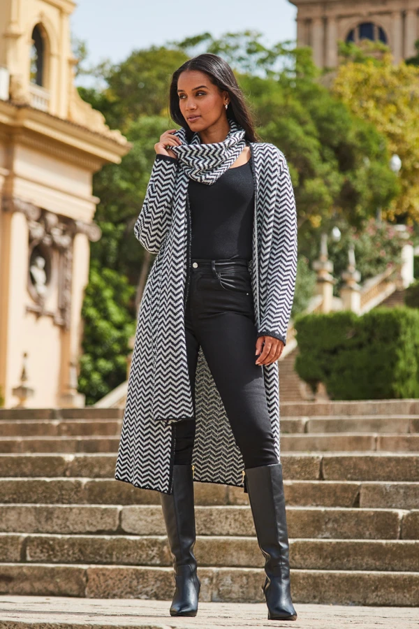 Black & White Herringbone Knit Longline Cardigan With Scarf 2 Black & White Herringbone Knit Longline Cardigan With Scarf - Image 2