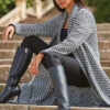 Black & White Herringbone Knit Longline Cardigan With Scarf