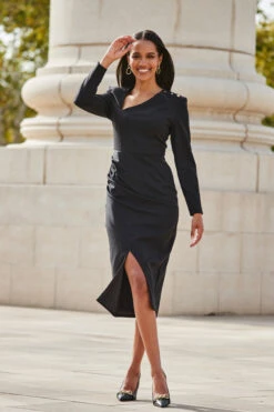 Black Asymmetric Neckline Pencil Dress With Button Detail 8 Black Asymmetric Neckline Pencil Dress With Button Detail -Opal & Oak Store web 2309 94 a23dw093bk0001 94 083