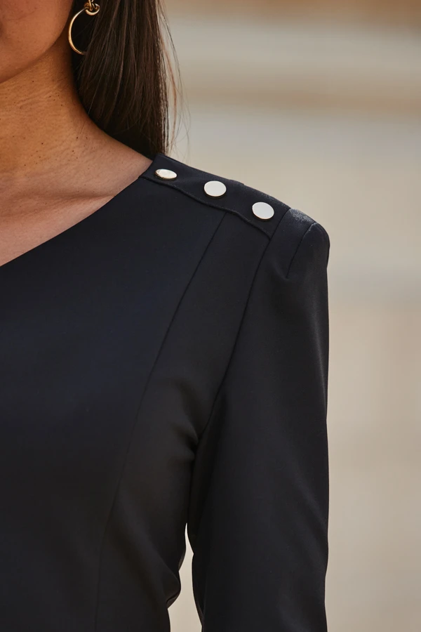 Black Asymmetric Neckline Pencil Dress With Button Detail 5 Black Asymmetric Neckline Pencil Dress With Button Detail - Image 5