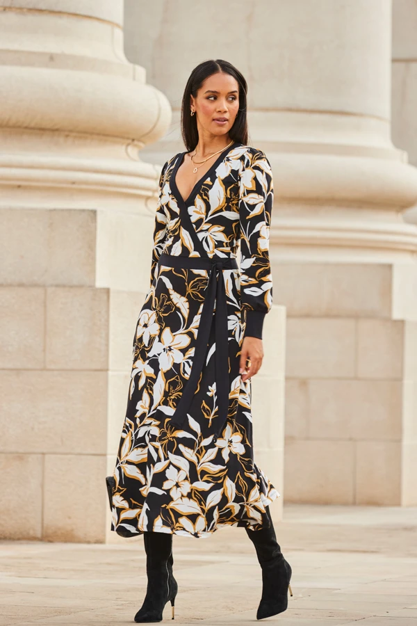 Black Floral Print Contrast Trim Midi Wrap Dress 5 Black Floral Print Contrast Trim Midi Wrap Dress - Image 5