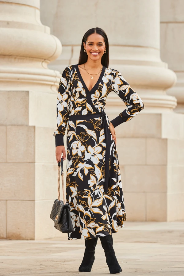 Black Floral Print Contrast Trim Midi Wrap Dress 4 Black Floral Print Contrast Trim Midi Wrap Dress - Image 4