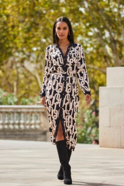 Black Chain Print Contrast Trim Belted Shirt Dress -Opal & Oak Store web 2309 96 a23dw105bkge01 96 038