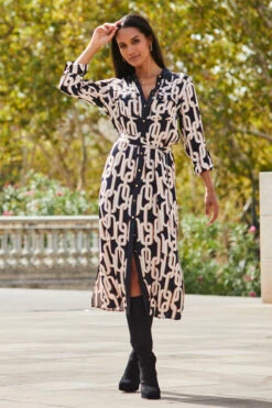 Black Chain Print Contrast Trim Belted Shirt Dress