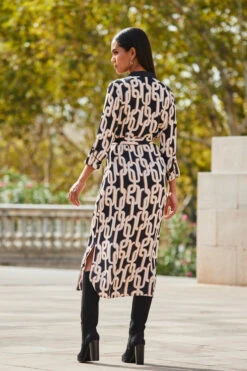 Black Chain Print Contrast Trim Belted Shirt Dress -Opal & Oak Store web 2309 96 a23dw105bkge01 96 189