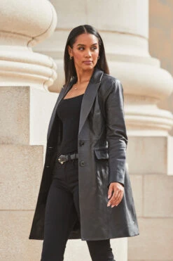 Black Premium Leather Longline Coat -Opal & Oak Store web 2309 97 a23ol004bk0001 s21ac024blan010one 97 108