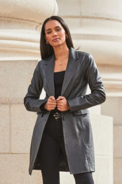 Black Premium Leather Longline Coat -Opal & Oak Store web 2309 97 a23ol004bk0001 s21ac024blan010one 97 120