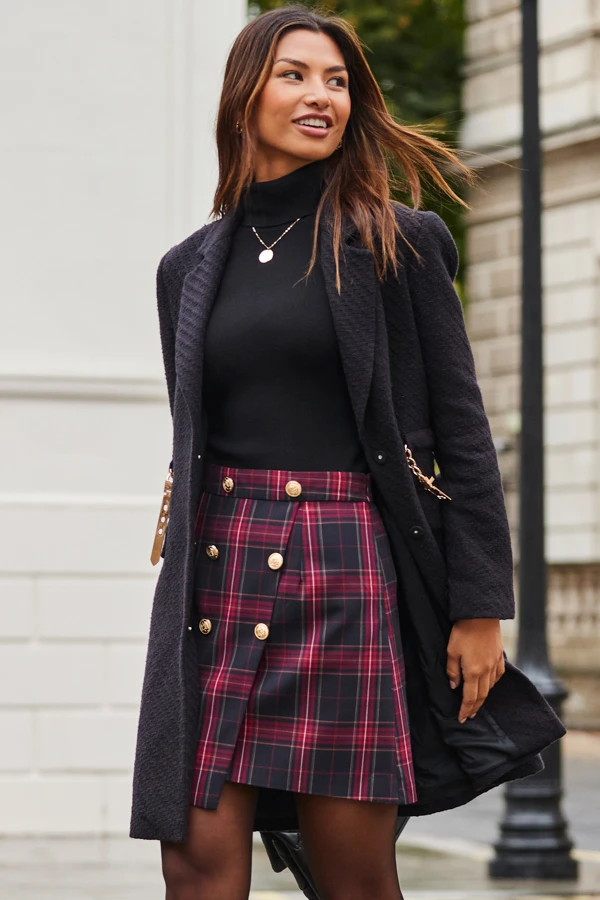 Black Boucle Coat With Gold Belt Detail 1 Black Boucle Coat With Gold Belt Detail