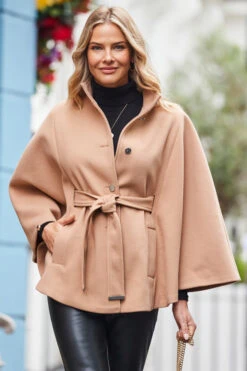 Camel Faux Wool Belted Cape Coat -Opal & Oak Store web 2310 03 a23ow074be0040 a20tk008bk0001 s22bp003bk0001 03 103