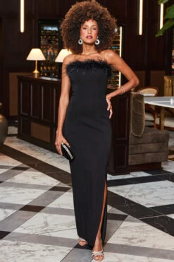 Black Split Detail Feather Trim Jersey Maxi Dress -Opal & Oak Store web 2310 06 a23dj034bk0001 06 037